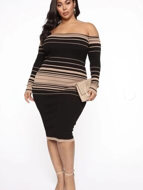 Fashion Nova Black and Tan Off the Shoulder Long Sleeve Knit Dress-XL